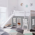 180213002054 : Loft Beds Twin-Size Low Loft With Slide With Curtain, White + Grey Curtain