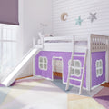 180213002061 : Loft Beds Twin-Size Low Loft With Slide With Curtain, White + Purple Curtain