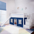 180225002022 : Loft Beds Twin Low Loft With Stairs & Slide With Curtains, White + Blue Curtain