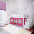 180225002078 : Loft Beds Twin Low Loft With Stairs & Slide With Curtains, White + Pink Curtain