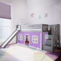 180225121061 : Loft Beds Twin Low Loft With Stairs & Slide With Curtains, Grey + Purple Curtain