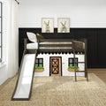 Twin Low Loft Bed with Easy Slide & Black & White Farmhouse Curtain